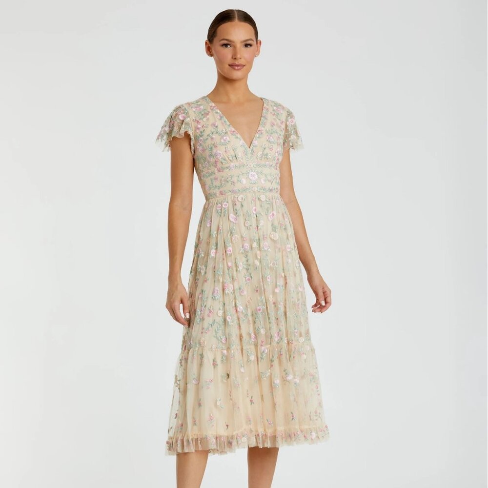 Mac Duggal Beige, Pink, and Green Midi Dress